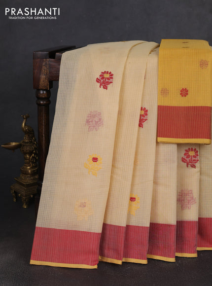 Handloom kota saree sandal and mustard yellow maroon with floral thread woven buttas and simple border