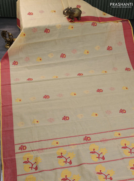 Handloom kota saree sandal and mustard yellow maroon with floral thread woven buttas and simple border