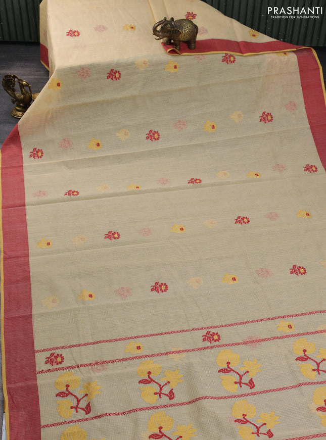 Handloom kota saree sandal and mustard yellow maroon with floral thread woven buttas and simple border