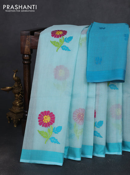 Handloom kota saree teal blue and cs blue with floral thread woven buttas and simple border