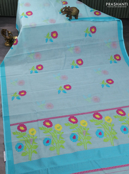Handloom kota saree teal blue and cs blue with floral thread woven buttas and simple border