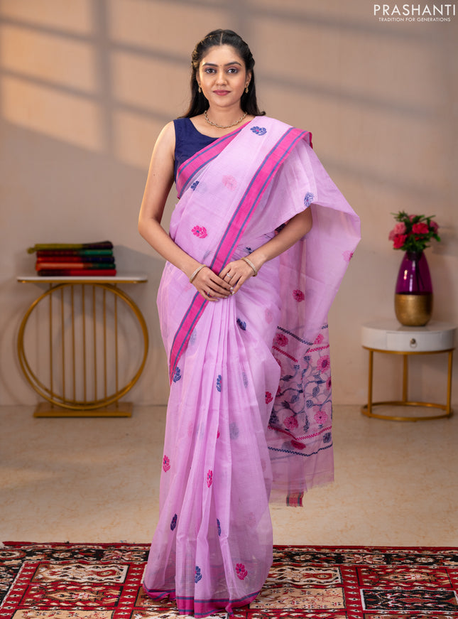 Handloom kota saree mild lavender and pink with floral thread woven buttas and rettapet border
