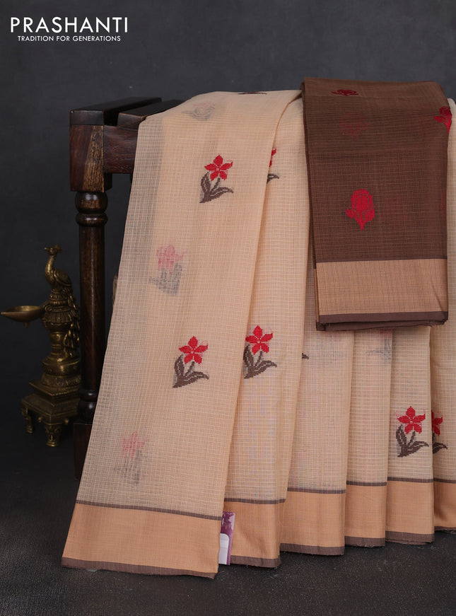 Handloom kota saree sandal and brown with floral thread woven buttas and rettapet border