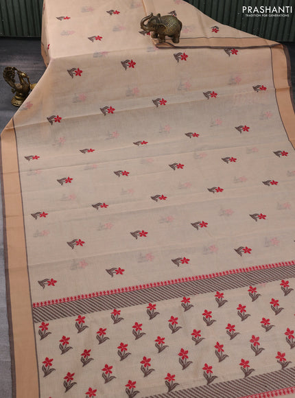 Handloom kota saree sandal and brown with floral thread woven buttas and rettapet border
