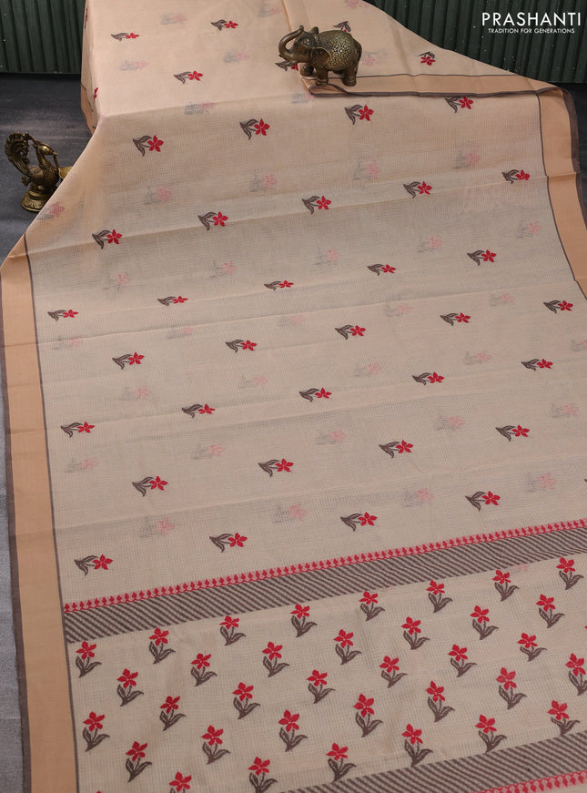 Handloom kota saree sandal and brown with floral thread woven buttas and rettapet border
