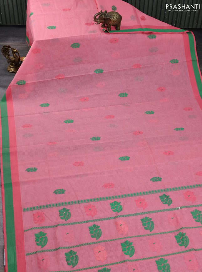 Handloom kota saree peach shade and green with floral thread woven buttas and simple border
