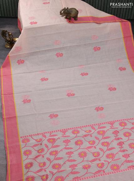 Handloom kota saree pale orange and peach pink with floral thread woven buttas and rettapet border