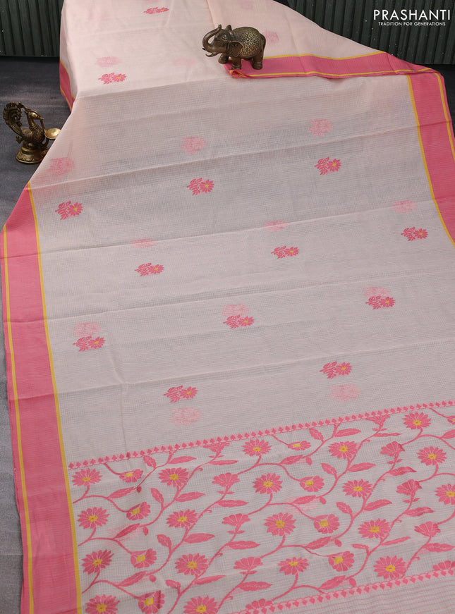 Handloom kota saree pale orange and peach pink with floral thread woven buttas and rettapet border