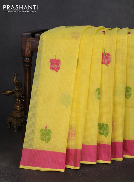 Handloom kota saree yellow and pink with thread woven buttas and simple border