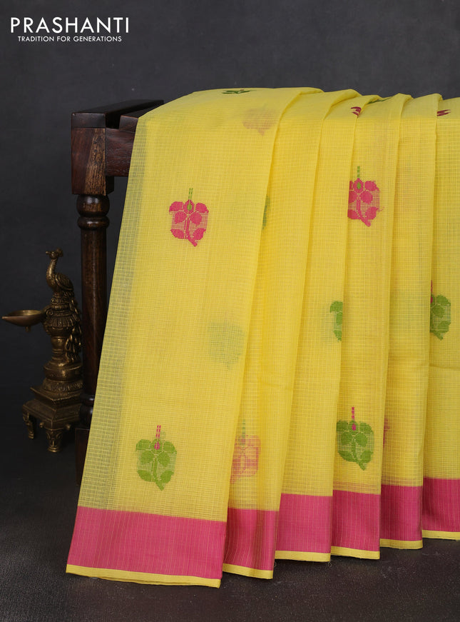 Handloom kota saree yellow and pink with thread woven buttas and simple border