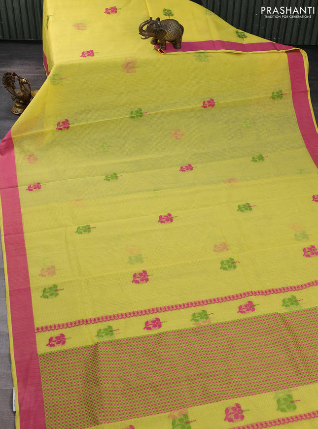 Handloom kota saree yellow and pink with thread woven buttas and simple border