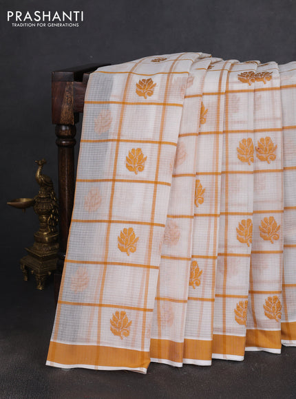 Handloom kota saree off white and mustard yellow with allover checks & thread buttas and simple border