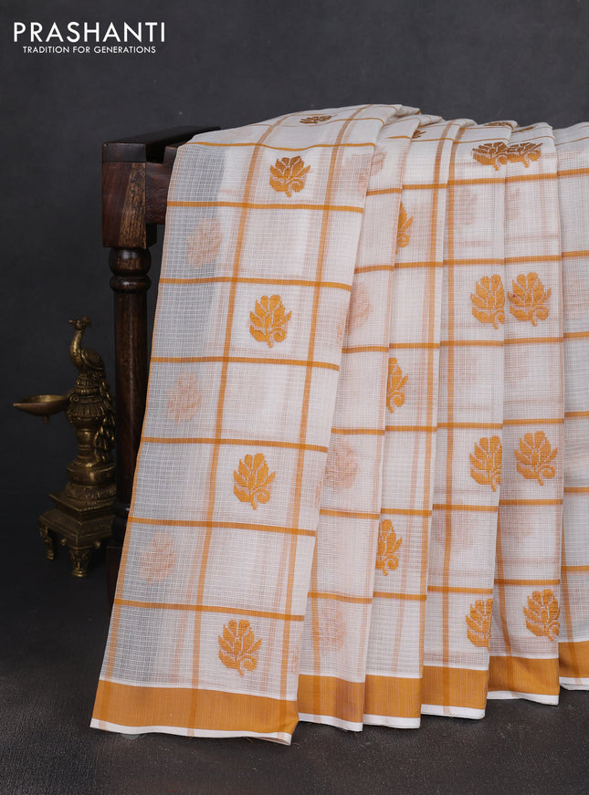 Handloom kota saree off white and mustard yellow with allover checks & thread buttas and simple border