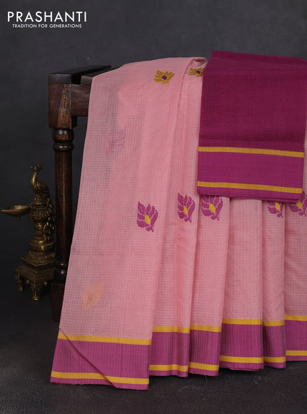 Handloom kota saree mild peach pink shade and deep purple with thread woven buttas and rettapet border