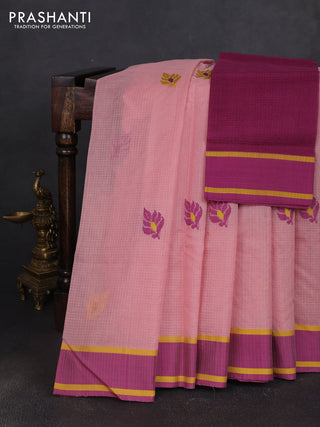 Handloom kota saree mild peach pink shade and deep purple with thread woven buttas and rettapet border