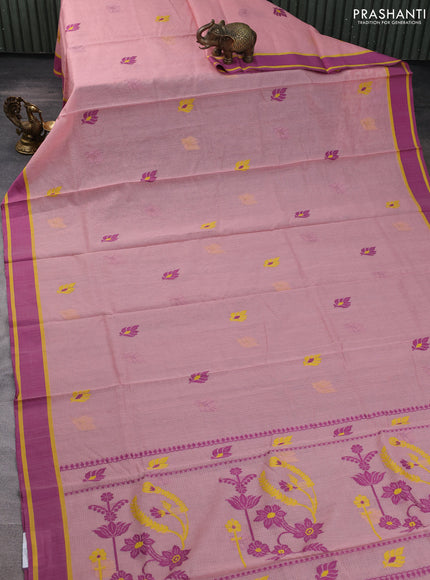 Handloom kota saree mild peach pink shade and deep purple with thread woven buttas and rettapet border
