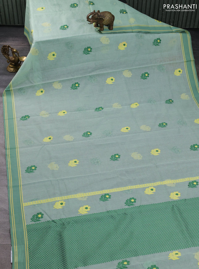 Handloom kota saree pastel green and green with floral thread woven buttas and rettapet border