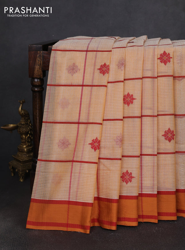 Handloom kota saree sandal maroon and rust shade with allover checks & thread buttas and rettapet border