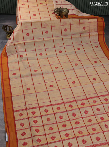 Handloom kota saree sandal maroon and rust shade with allover checks & thread buttas and rettapet border