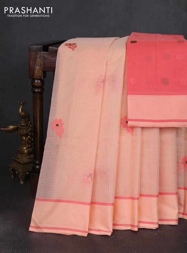 Handloom kota saree pale orange and peach shade with floral thread woven buttas and rettapet border