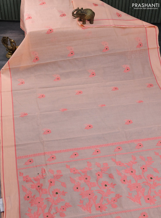 Handloom kota saree pale orange and peach shade with floral thread woven buttas and rettapet border