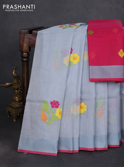Handloom kota saree grey and pink with floral thread woven buttas and simple border