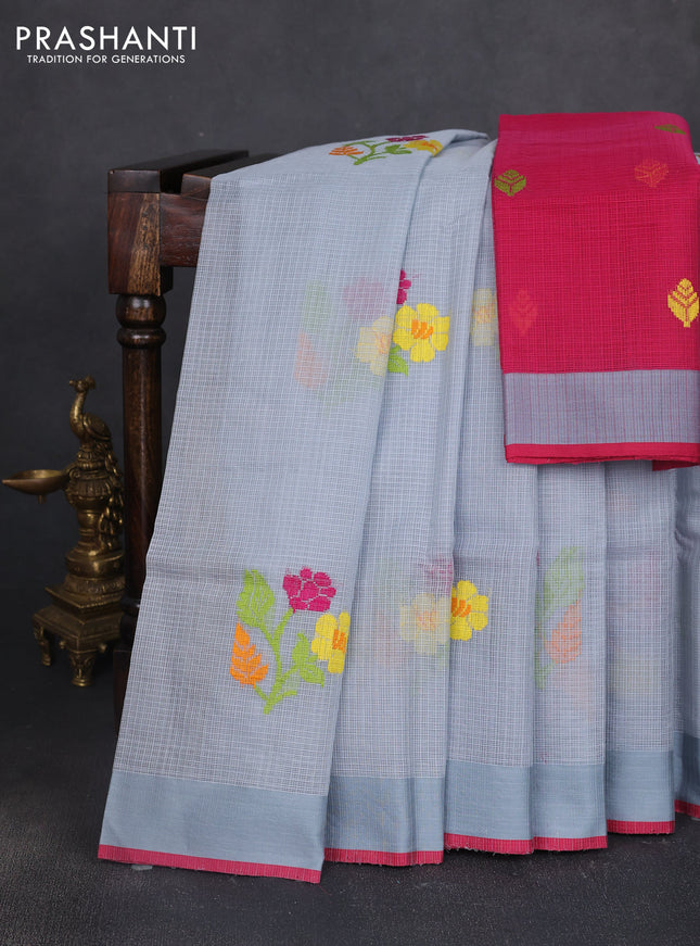 Handloom kota saree grey and pink with floral thread woven buttas and simple border