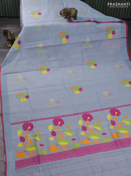 Handloom kota saree grey and pink with floral thread woven buttas and simple border