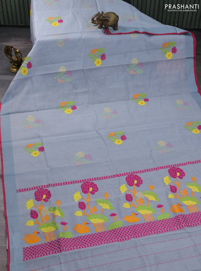 Handloom kota saree grey and pink with floral thread woven buttas and simple border