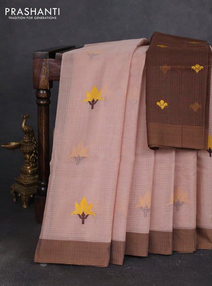 Handloom kota saree pastel brown and brown with floral thread woven buttas and simple border