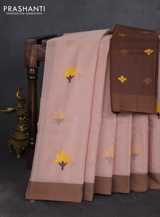 Handloom kota saree pastel brown and brown with floral thread woven buttas and simple border
