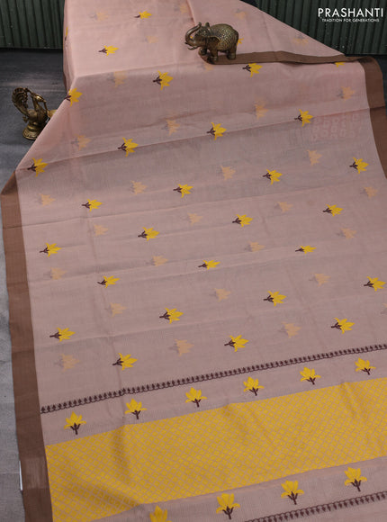 Handloom kota saree pastel brown and brown with floral thread woven buttas and simple border