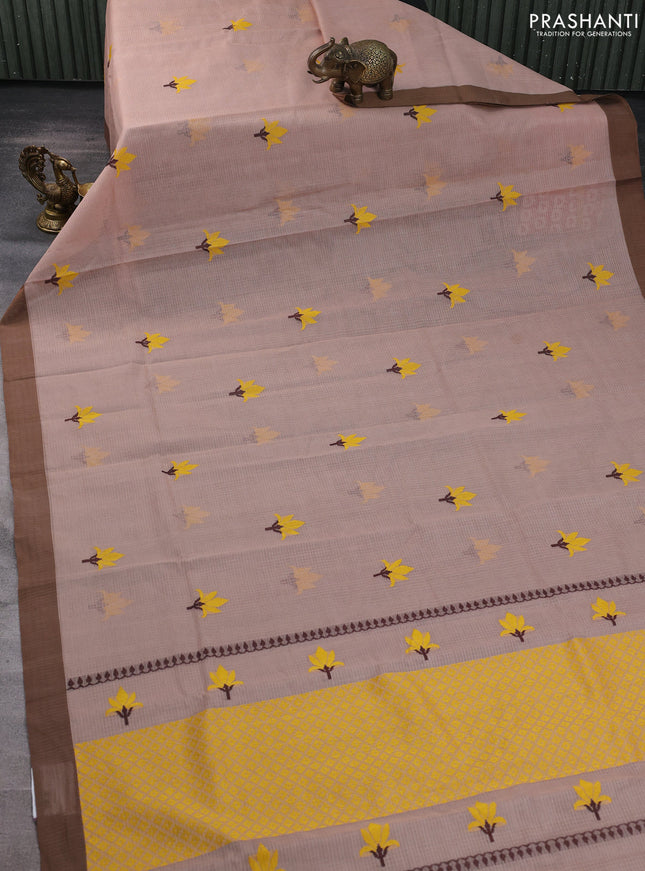 Handloom kota saree pastel brown and brown with floral thread woven buttas and simple border