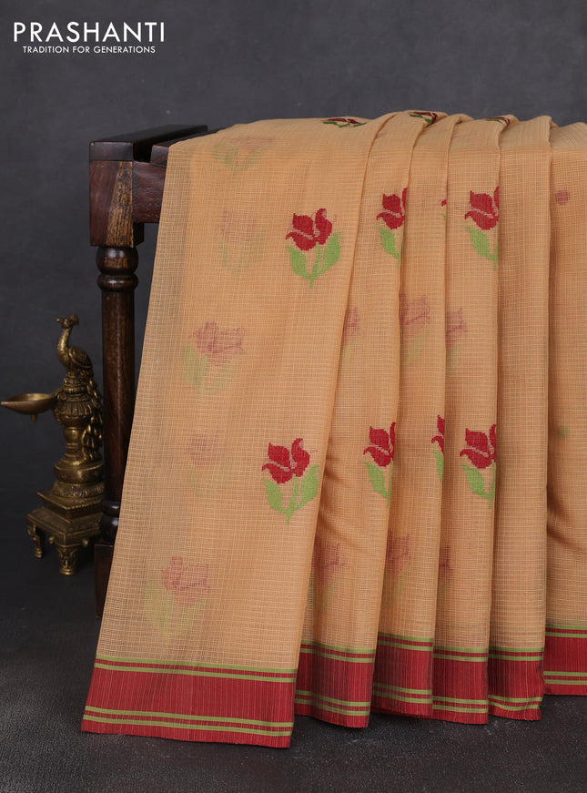 Handloom kota saree sandal and maroon with floral thread woven buttas and rettapet border