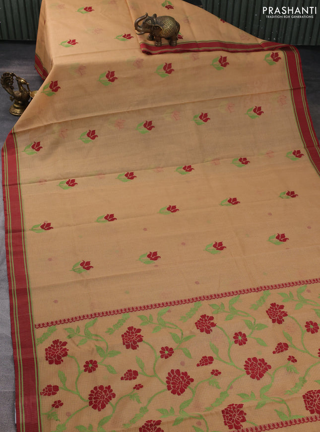 Handloom kota saree sandal and maroon with floral thread woven buttas and rettapet border