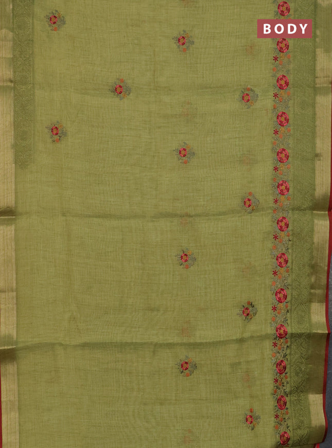 Linen cotton saree light green and maroon with embroidery buttas and embroidery zari border