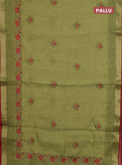 Linen cotton saree light green and maroon with embroidery buttas and embroidery zari border