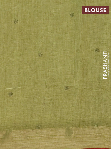Linen cotton saree light green and maroon with embroidery buttas and embroidery zari border