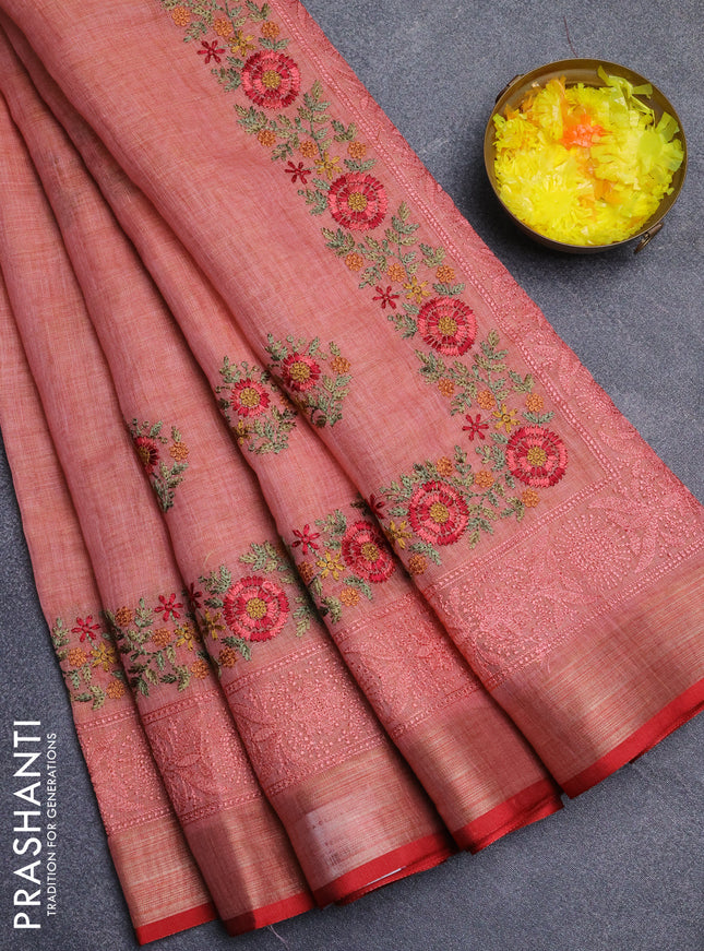 Linen cotton saree peach shade and red with embroidery buttas and embroidery zari border
