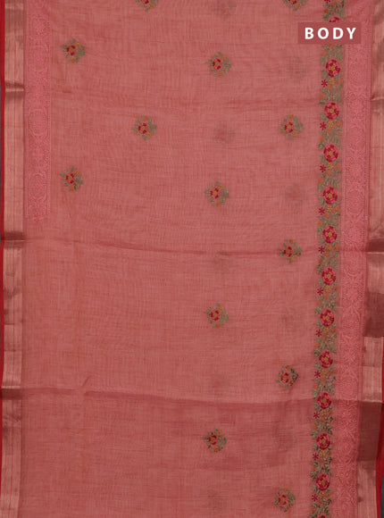 Linen cotton saree peach shade and red with embroidery buttas and embroidery zari border