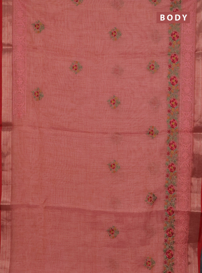 Linen cotton saree peach shade and red with embroidery buttas and embroidery zari border