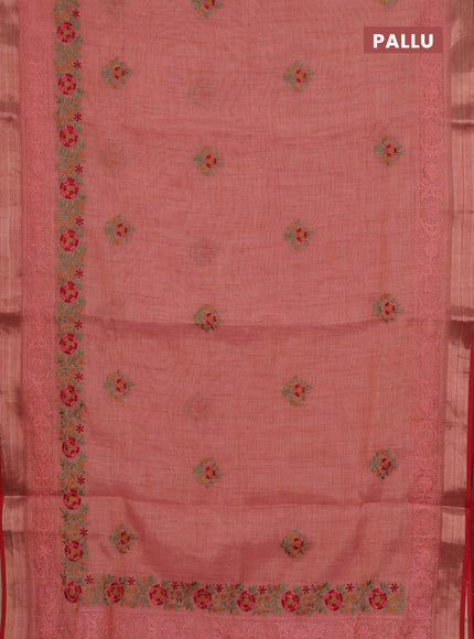 Linen cotton saree peach shade and red with embroidery buttas and embroidery zari border