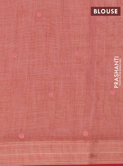 Linen cotton saree peach shade and red with embroidery buttas and embroidery zari border