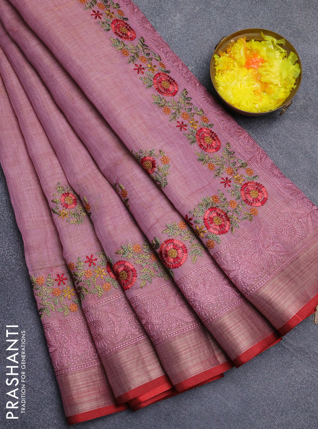 Linen cotton saree light pink and red with embroidery buttas and embroidery zari border