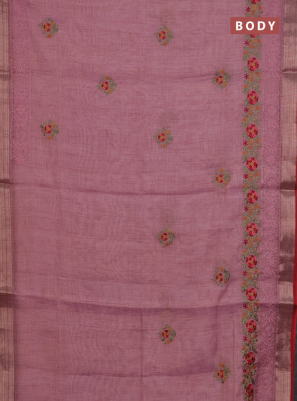 Linen cotton saree light pink and red with embroidery buttas and embroidery zari border
