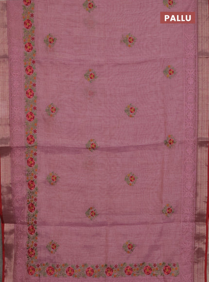 Linen cotton saree light pink and red with embroidery buttas and embroidery zari border