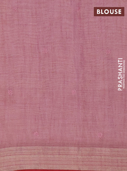 Linen cotton saree light pink and red with embroidery buttas and embroidery zari border