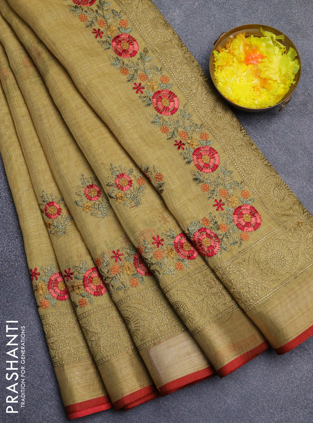 Linen cotton saree mustard yellow and maroon with embroidery buttas and embroidery zari border
