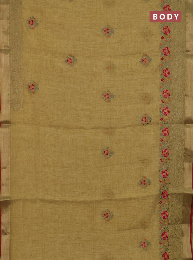 Linen cotton saree mustard yellow and maroon with embroidery buttas and embroidery zari border