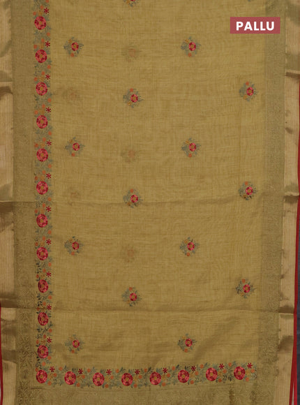 Linen cotton saree mustard yellow and maroon with embroidery buttas and embroidery zari border